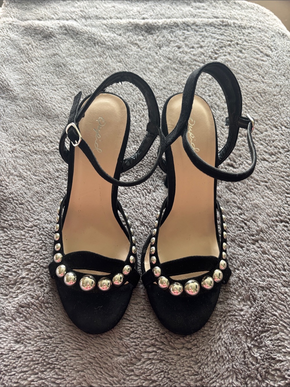 Black Stud-Embellished Women's Ankle-Strap Heels